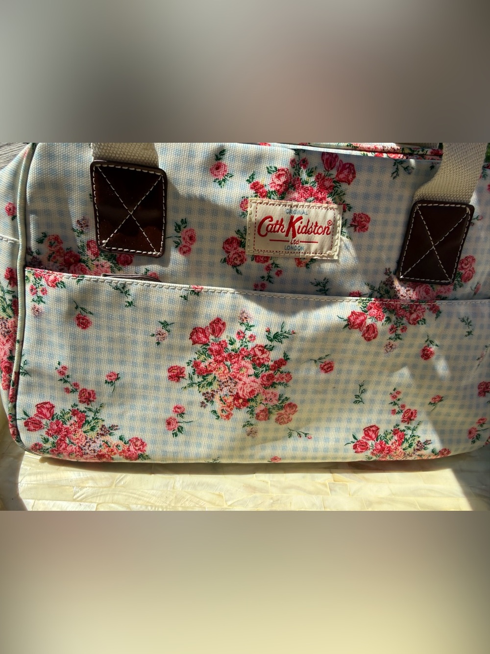 Cath Kidston Blue Gingham Floral Tote with Pink Roses - Picture 2 of 6